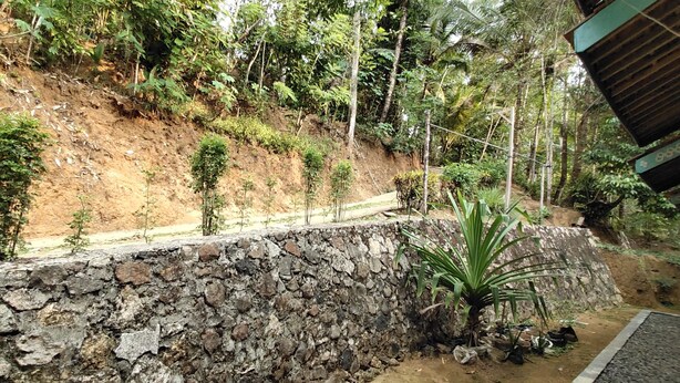 A stone retaining wall with a dirt path and vegetation. - Sutrisno Homestay - Hostel (Kokap)