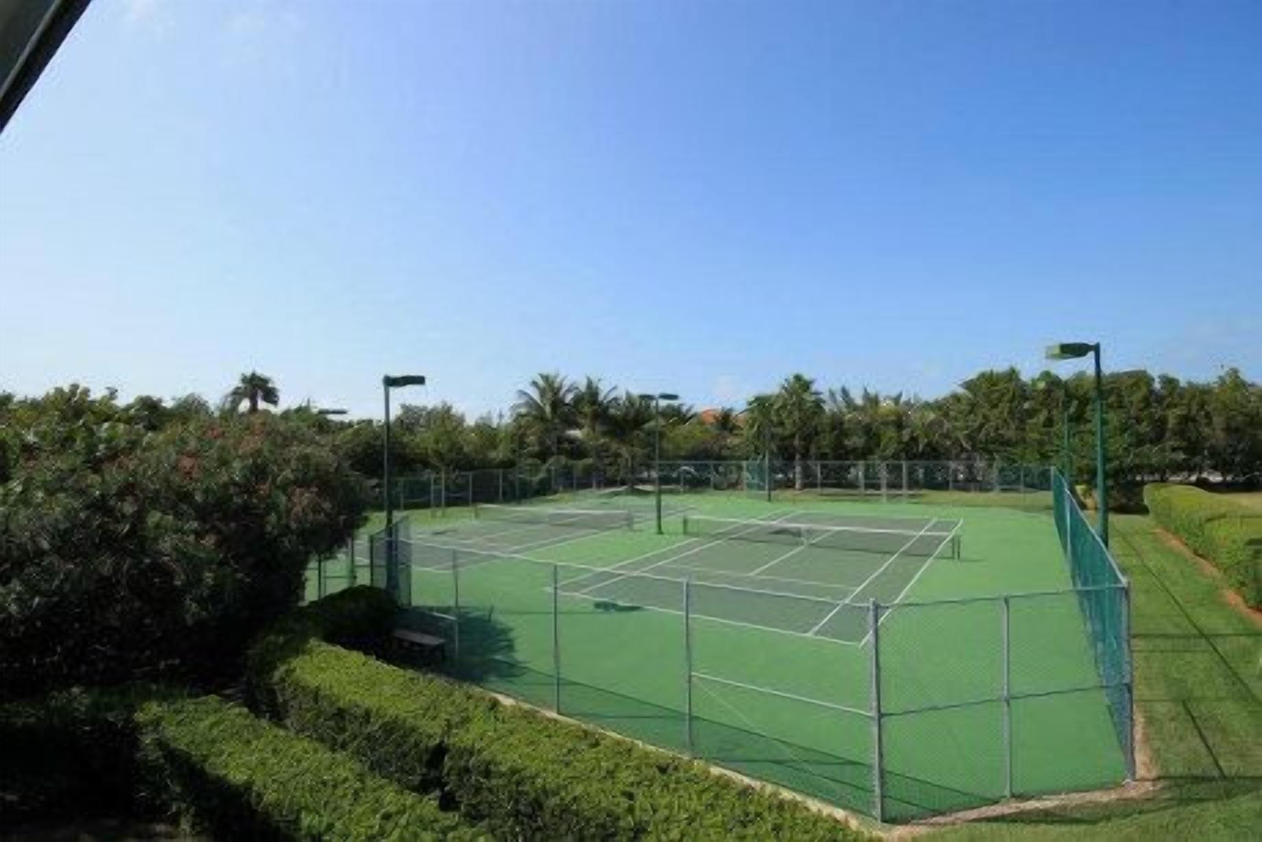 A tennis court surrounded by greenery and a clear sky.