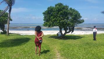 Accommodatie ligt op het strand, ligstoelen, strandlakens
