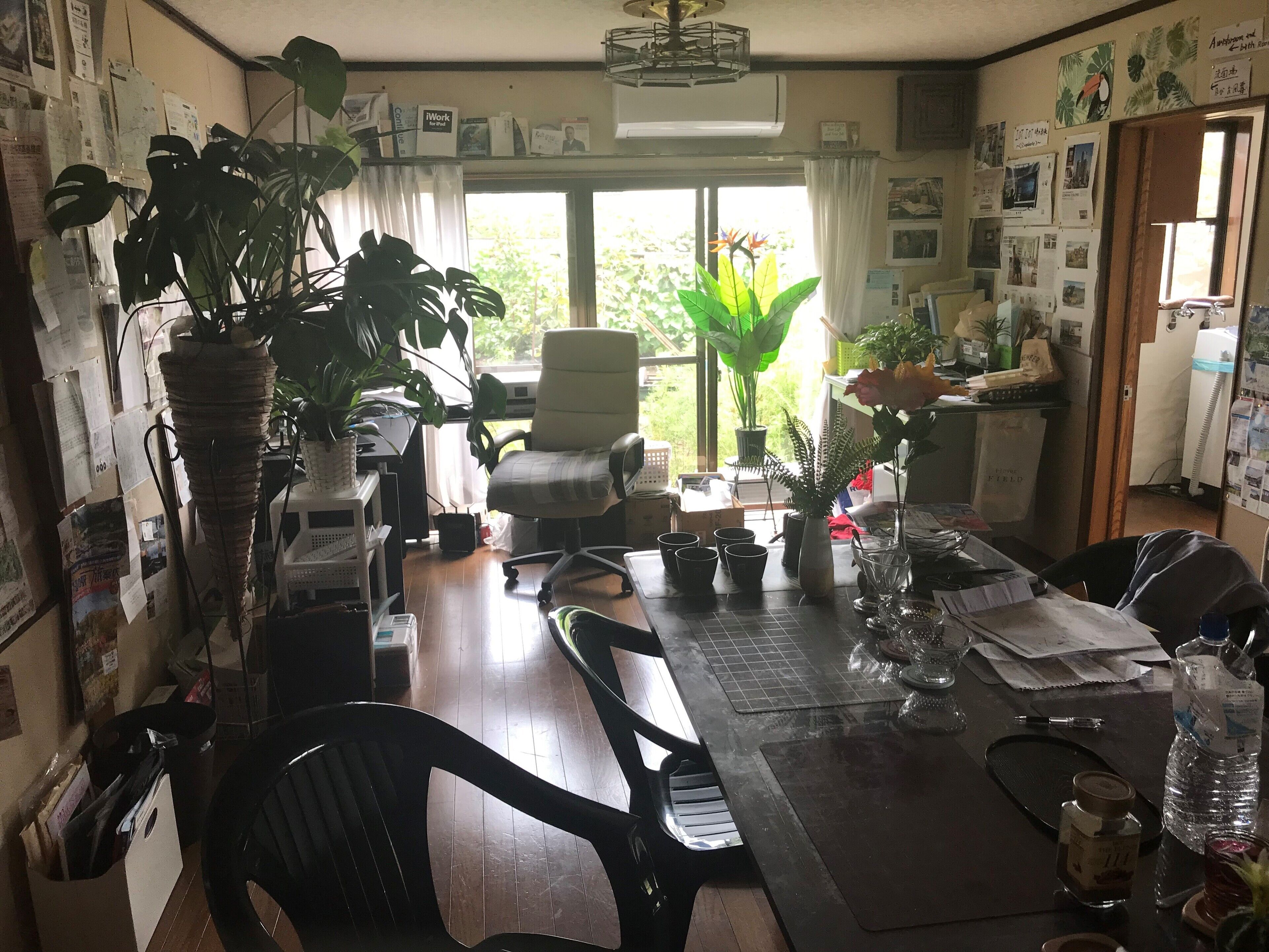 A home office with a desk, chairs, potted plants, and various office supplies.