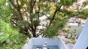 Eine Dachterrasse mit einem Esstisch für vier Personen, umgeben von Topfpflanzen.