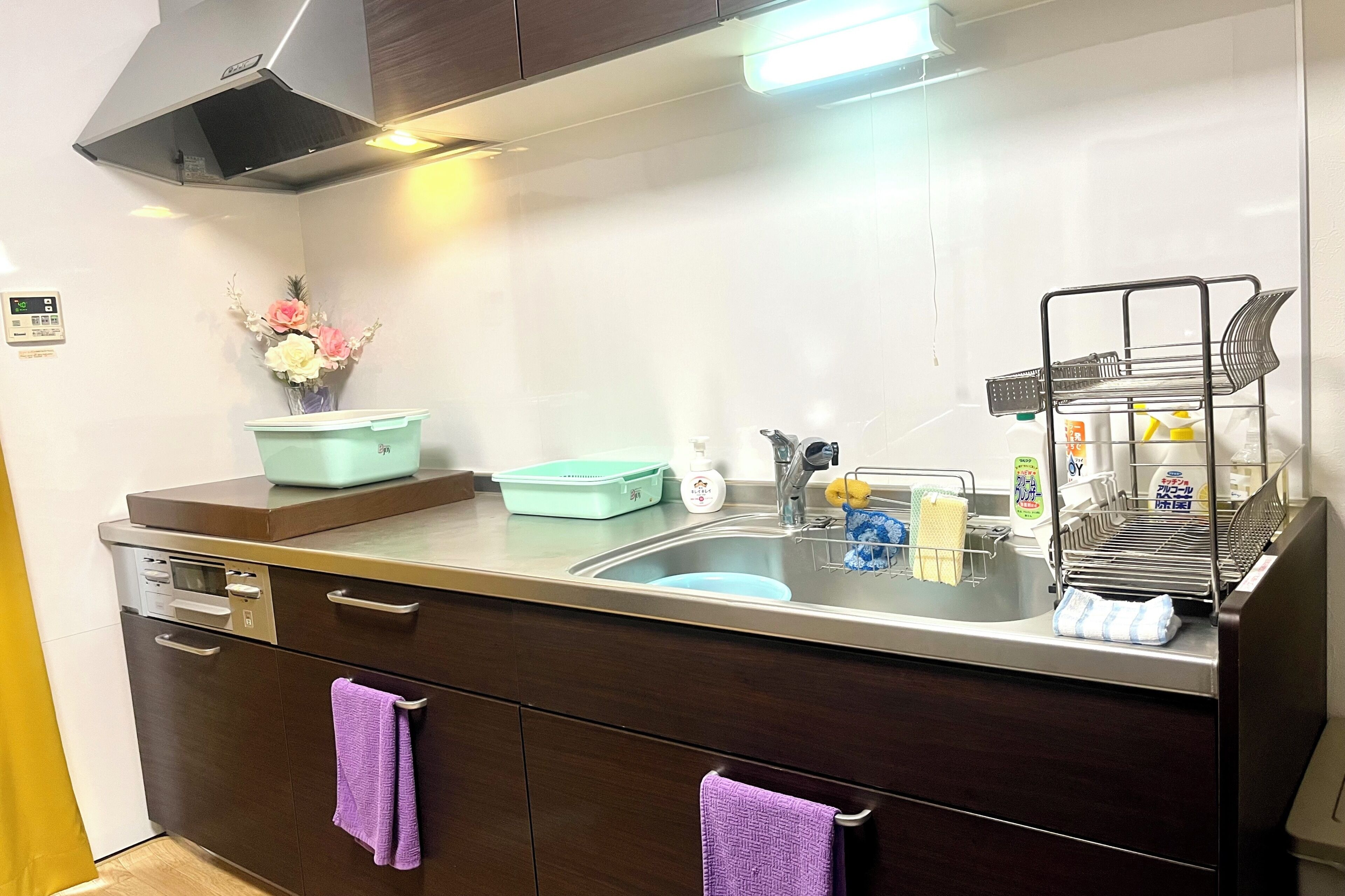 A kitchen with a stainless steel sink, a dish rack, and a vase with flowers on the counter.