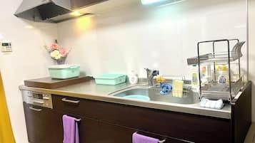 A kitchen with a stainless steel sink, a dish rack, and a vase with flowers on the counter.