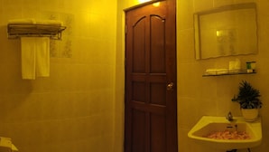 Ein Badezimmer mit Holztür, Waschbecken mit Pflanze und Handtuchhalter.