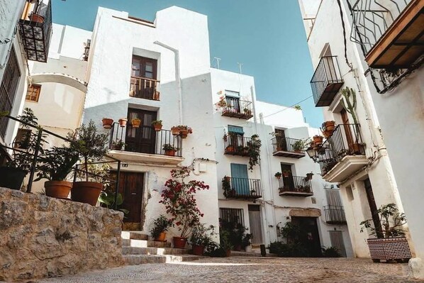 A narrow street with white buildings, balconies with potted plants, and a cobblestone path.