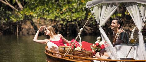 A boat with a canopy and wicker furniture, surrounded by water and greenery.