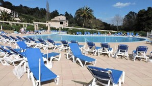 A poolside area with rows of blue and white lounge chairs, a clear blue pool, and a backdrop of trees and buildings.