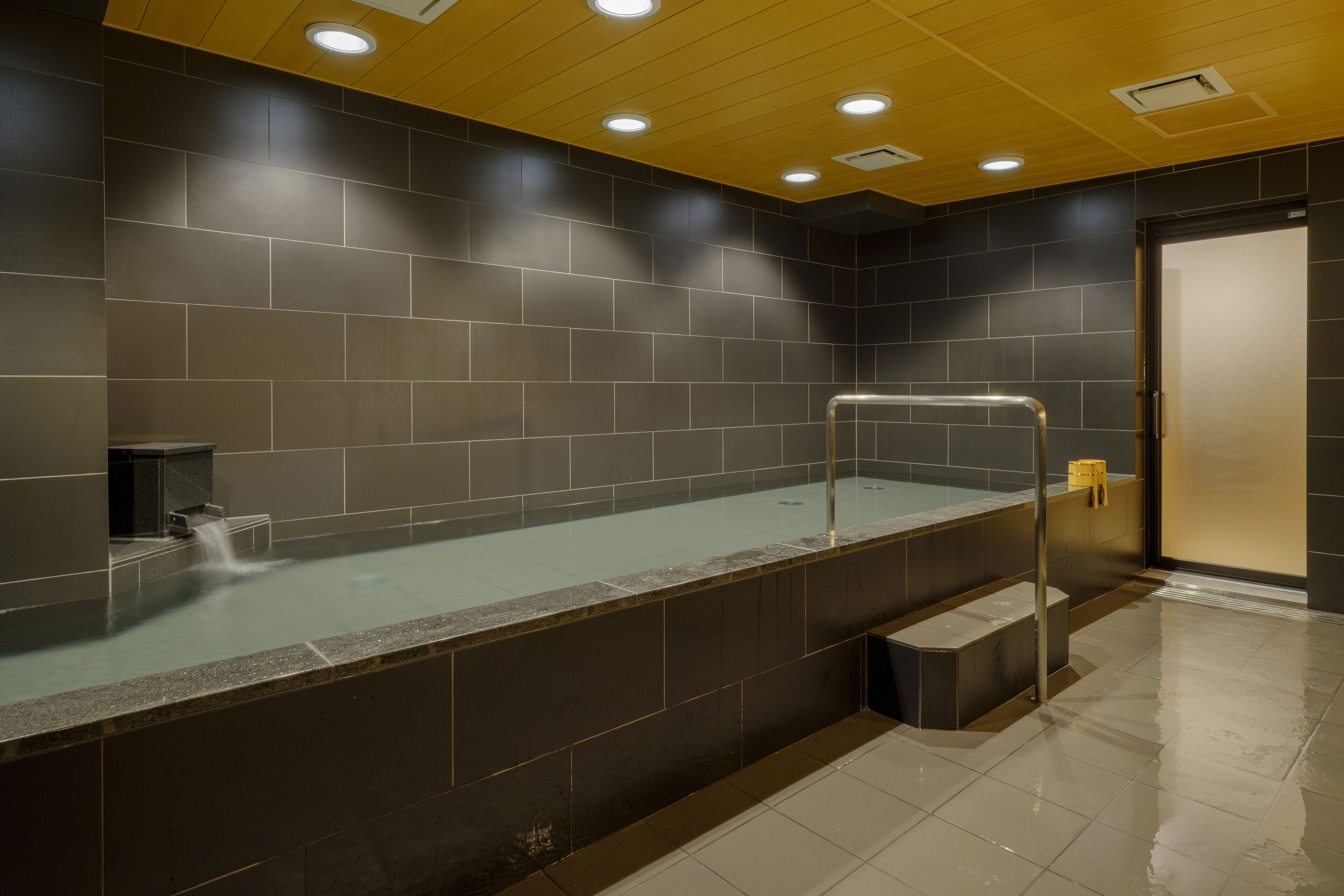 A modern bathroom with a large bathtub, a shower area, and a toilet.