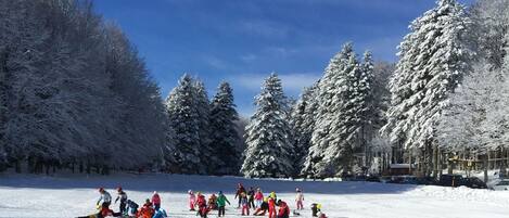 A snowy landscape with a group of people skiing and snowboarding.