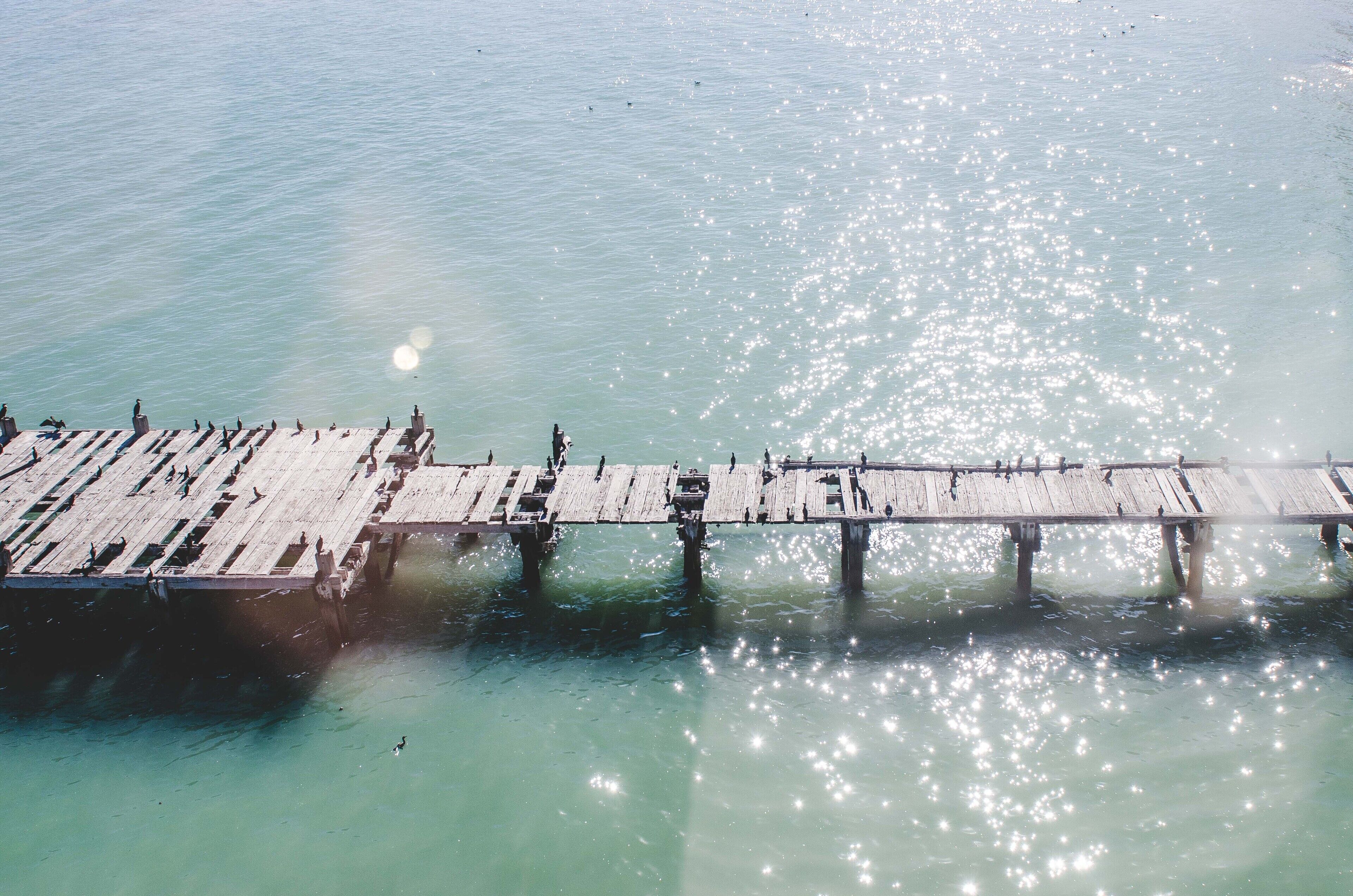A wooden pier extending into calm water with a clear sky above.