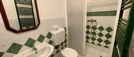 A bathroom with a sink, toilet, and shower.