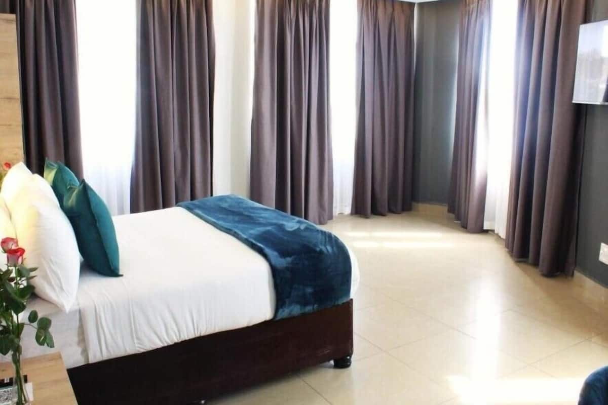 Een hotelkamer met een bed, gordijnen, een televisie en een plant.
