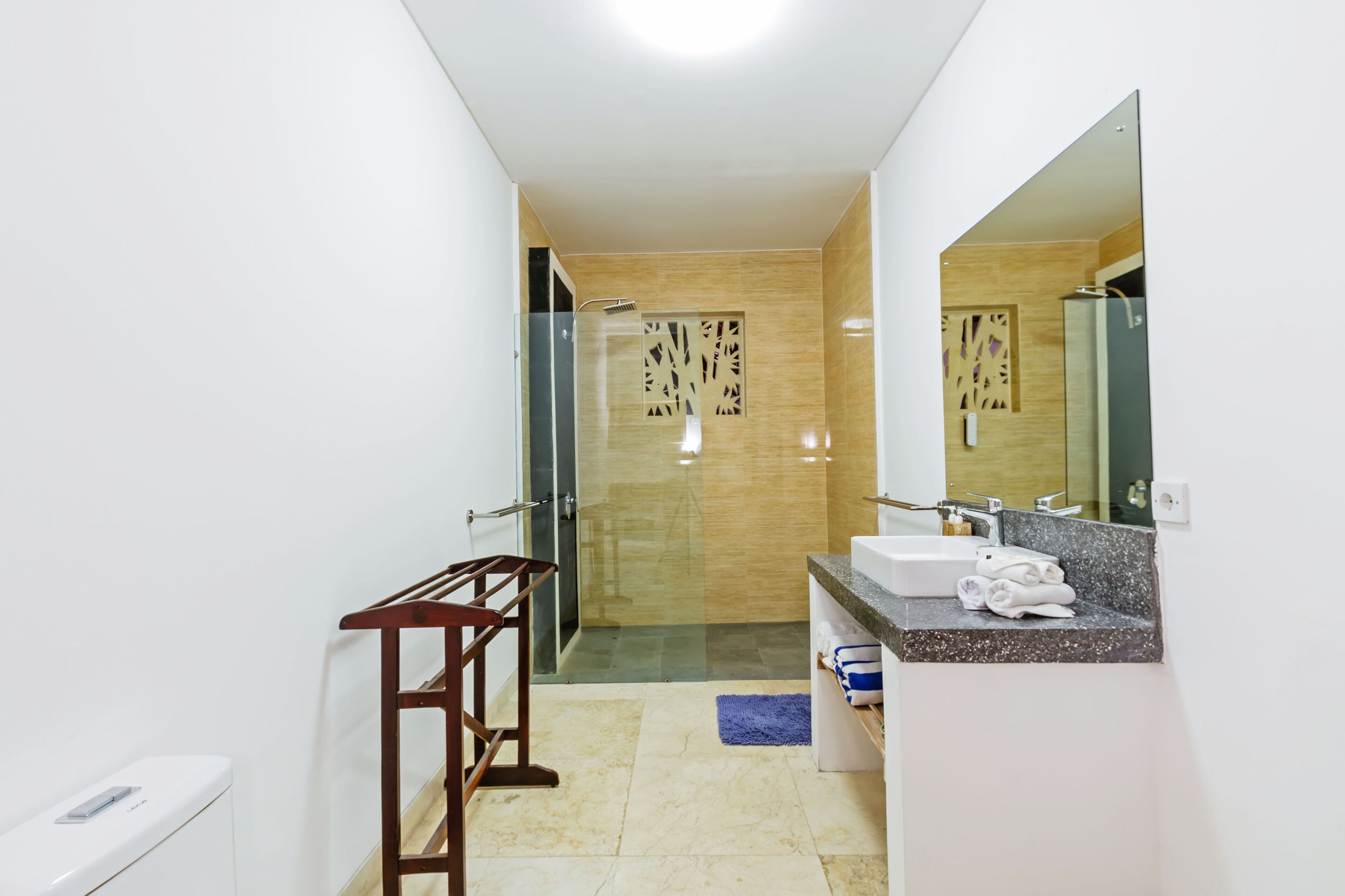 Une salle de bain moderne avec une douche en verre, un lavabo blanc et un grand miroir.