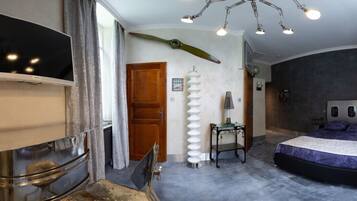 A bedroom with a bed, a mirror, a television, and a unique ceiling light fixture.