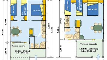 Two floor plans of a hotel room with dimensions, furniture layout, and amenities.