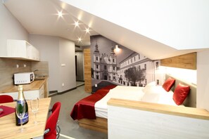 Desk, laptop workspace, blackout curtains, free WiFi