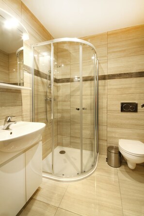 Hair dryer, towels, soap, toilet paper