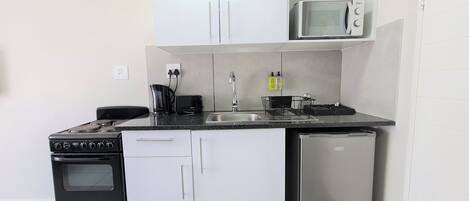 A compact kitchen with a stove, microwave, sink, and dishwasher.