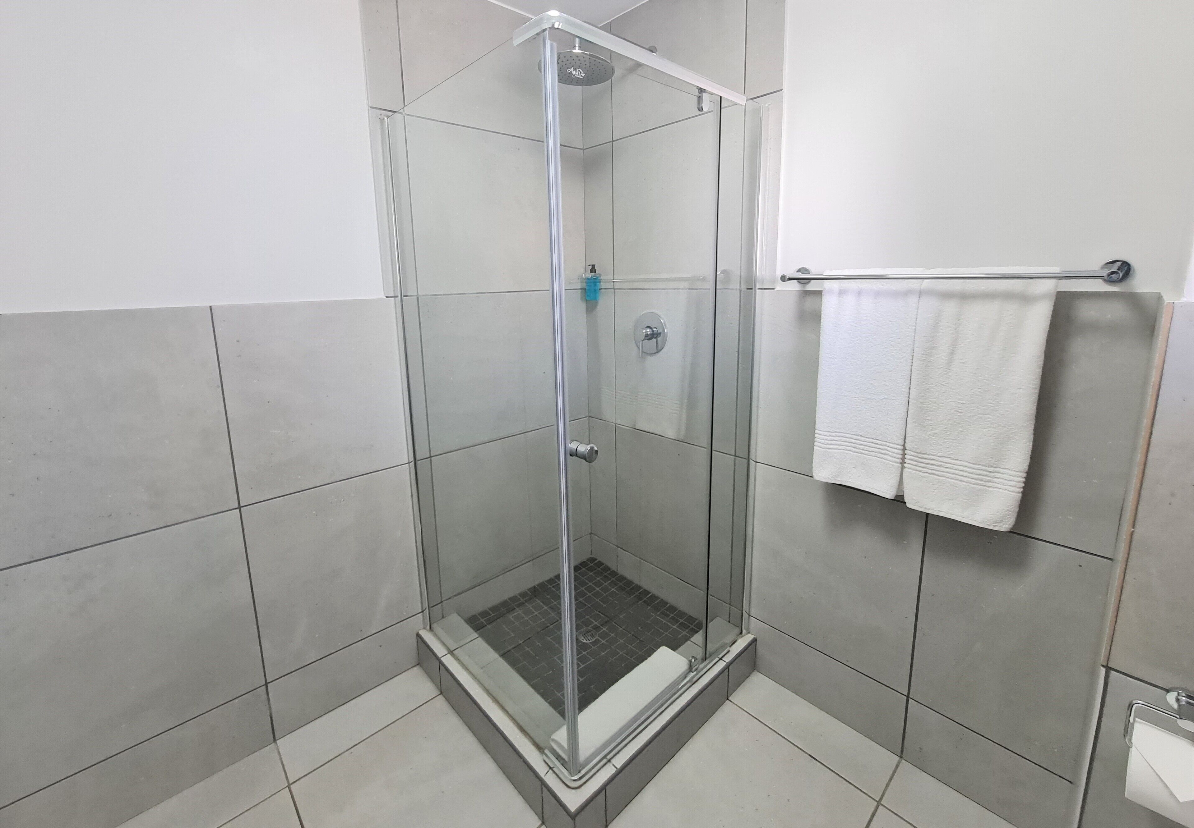 A glass-enclosed shower stall with a tiled floor and a white towel hanging on a rack.