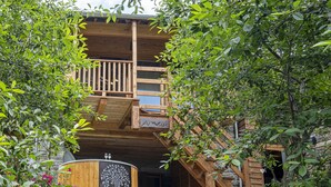 A wooden cabin with a balcony, surrounded by lush greenery and a stone wall. - Amelù (Ostana)