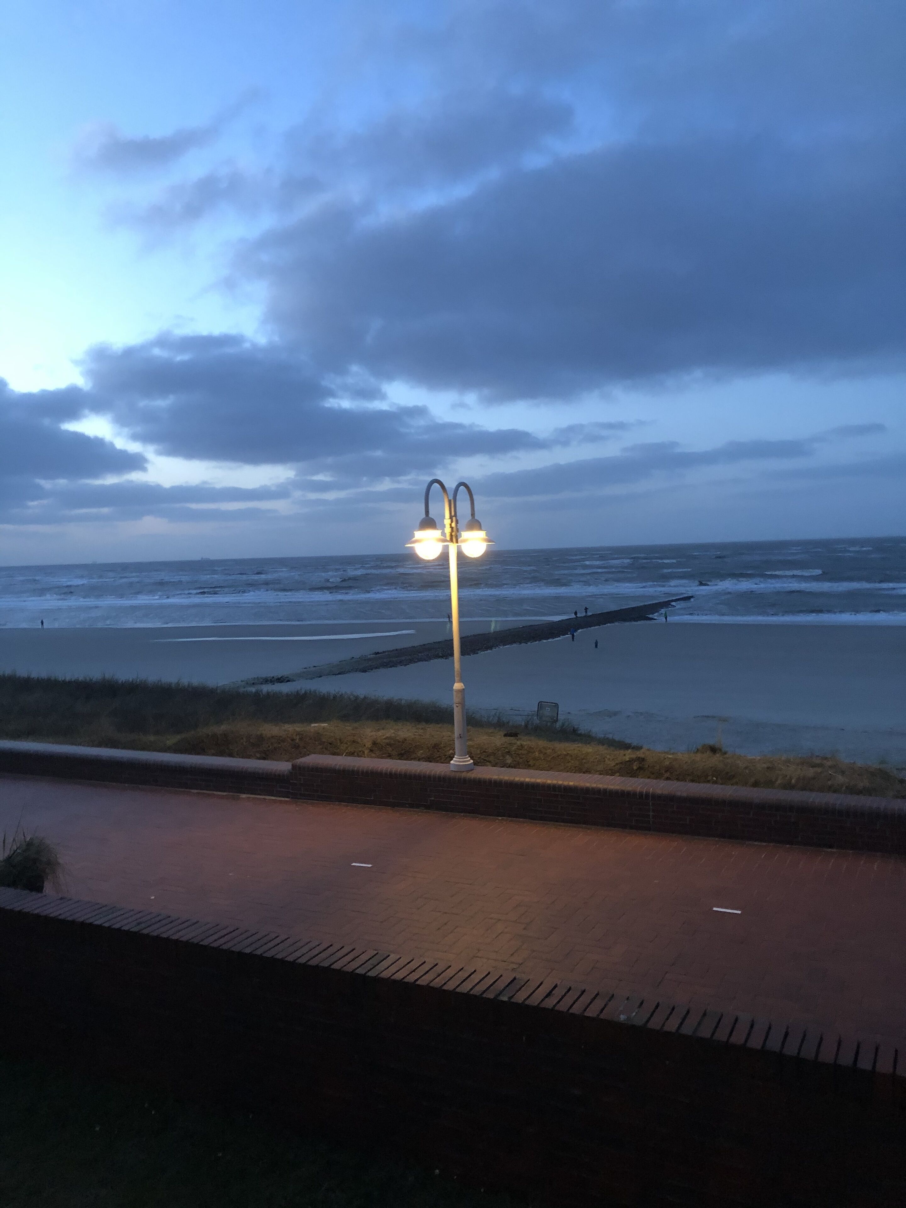A street lamp with two lights on a brick pathway beside a body of water.