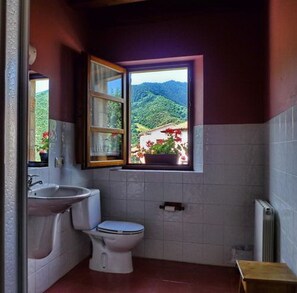 A bathroom with a toilet, sink, and window with a view of a mountainous landscape. - Viviendas Rurales Los Llares (Pesaguero)