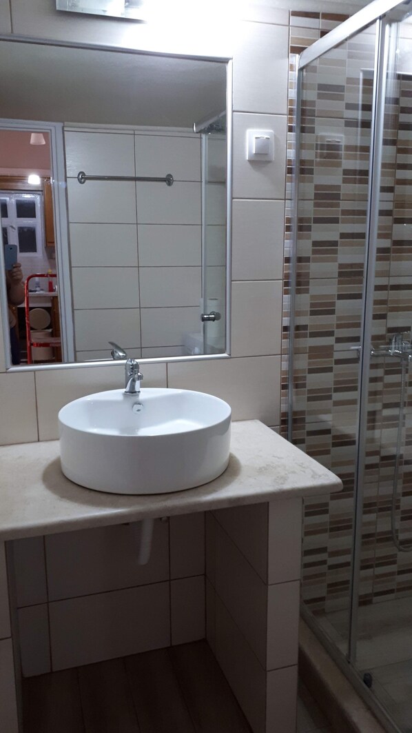 A bathroom with a round white sink, a mirror above it, and a shower area with a glass door.
