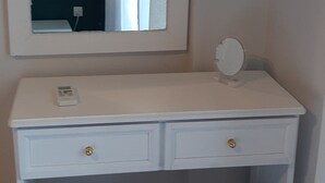 A white desk with two drawers and a small round mirror on top. - A nice apartment in corfu town (Corfu)