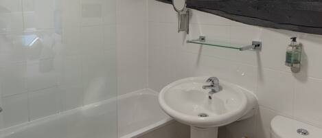 Un baño con cabina de ducha de vidrio, un lavamanos blanco, un espejo y un inodoro.