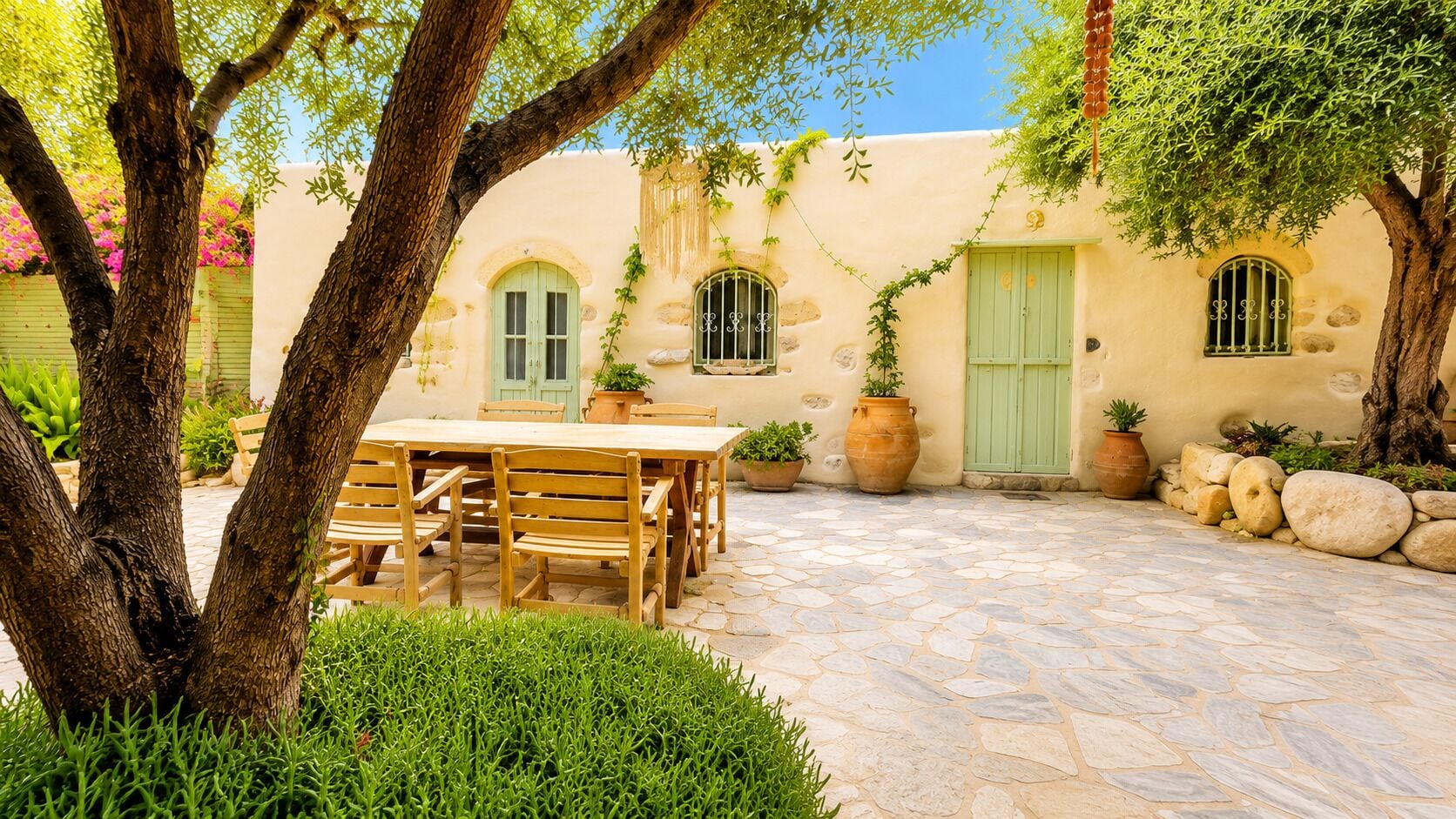 A courtyard with a stone floor, wooden table and chairs, potted plants, and a building with green doors and windows.