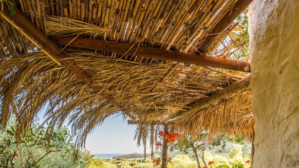 A wooden table with chairs under a thatched roof, surrounded by potted plants and a view of the landscape. - Natura cottages (Sitia)