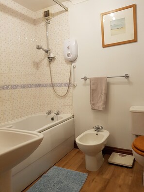 A bathroom with a bathtub, a shower, a bidet, a toilet, and a framed picture on the wall. - Lyndale Apartment (Windermere)