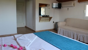 A bedroom with a bed, a sofa, a TV, and an air conditioning unit. - Dalyan Summer Life Apart Hotel (Ortaca)