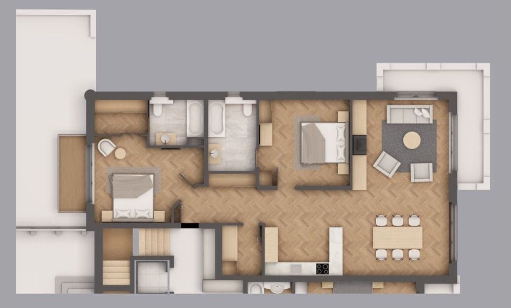 A floor plan of a hotel room with a bed, a sitting area with a table and chairs, a kitchenette, and a bathroom.