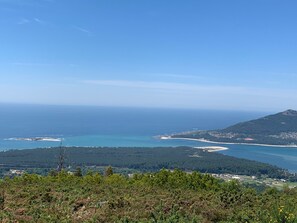 A coastal landscape with a clear view of the sea, a sandy beach, and a hilly terrain with vegetation. - Casa do Recife: Apartment (Viana do Castelo)