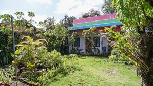 A house with a colorful roof, surrounded by a lush garden with various plants and trees. - PAS Residence (Manado)
