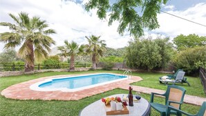 Patio con piscina, rodeado de palmeras y un área verde con mobiliario exterior.