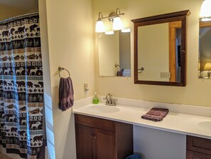 Suihkun ja ammeen yhdistelmä, hiustenkuivaaja, pyyhkeet