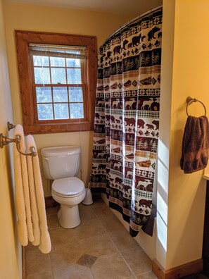 Tina con regadera, secadora de cabello, toallas 