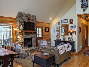 Älytelevisio, takka, DVD-soitin, kirjoja