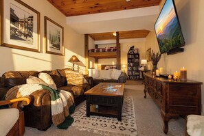 Smart TV, fireplace, DVD player, books