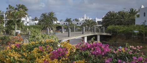 A bridge over a body of water, surrounded by lush greenery and colorful flowers.