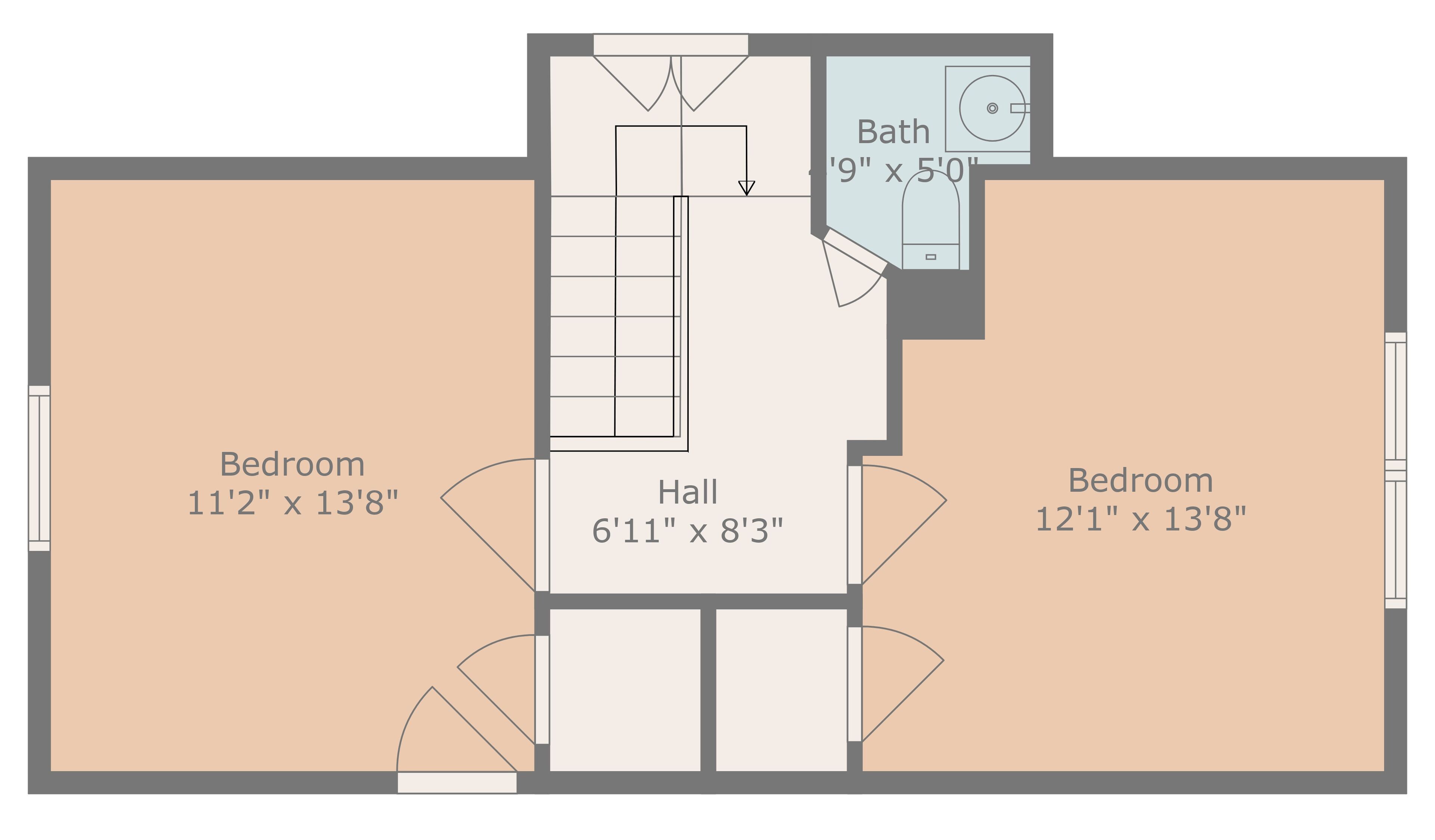 A floor plan with two bedrooms measuring 11'2" x 13'8" and 12'1" x 13'8", a hall measuring 6'11" x 8'3", and a bathroom measuring 9' x 5'0".