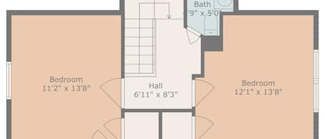 A floor plan with two bedrooms measuring 11'2" x 13'8" and 12'1" x 13'8", a hall measuring 6'11" x 8'3", and a bathroom measuring 9' x 5'0".