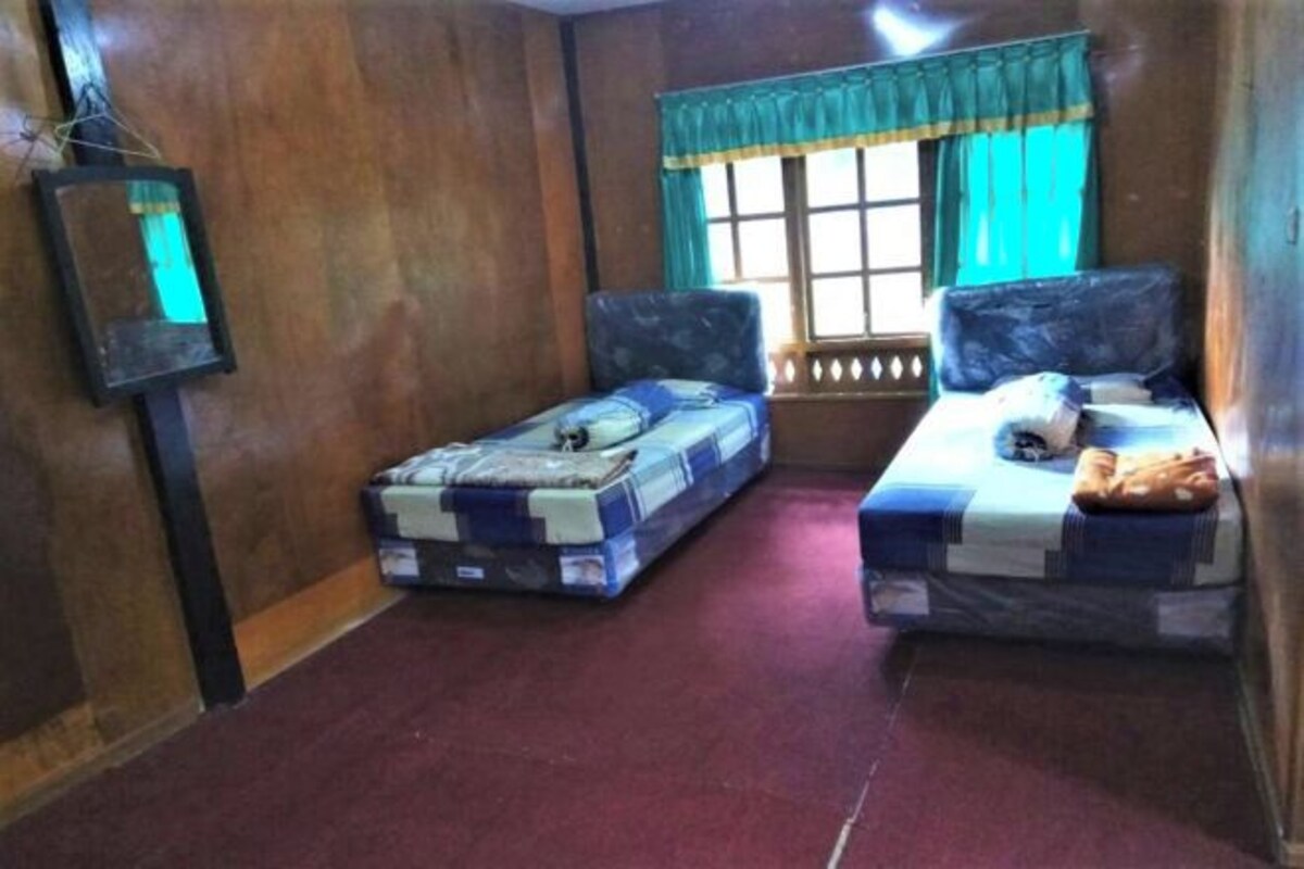 A room with two beds, a window with curtains, a mirror, and a red carpet.