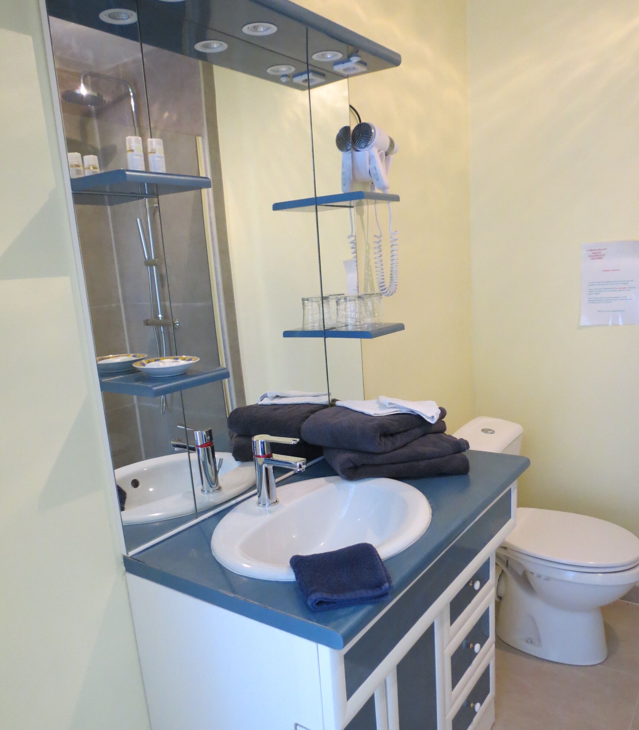 Et badeværelse med vask, spejl og toilet. Reoler over vasken indeholder toiletartikler og en hårtørrer.