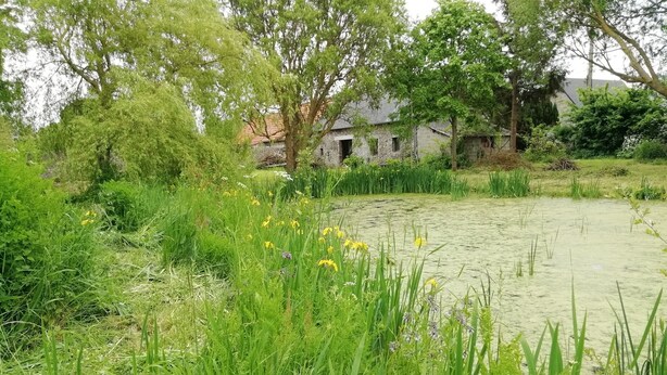 A pond surrounded by lush greenery and a stone building in the background. - Independent studio 25m² 800 m from the sea (Anneville-sur-Mer)