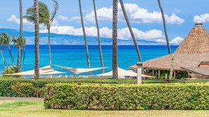 A resort with palm trees, a beach view, and a thatched-roof building.