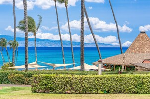 Un resort con palmeras, vista a la playa y un edificio con techo de paja.