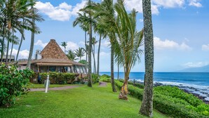 A house with a thatched roof, surrounded by lush greenery and palm trees, overlooking a beach.